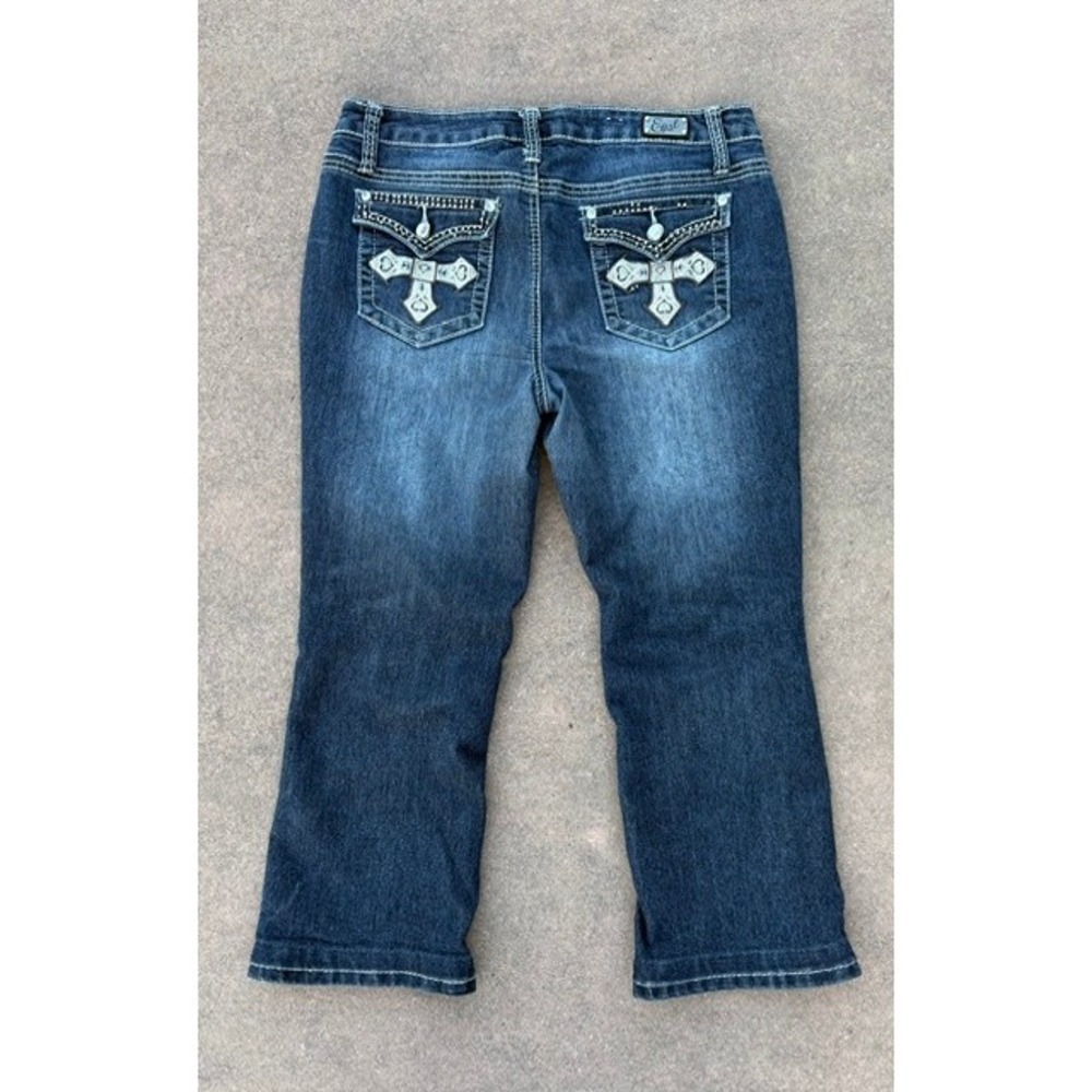Earl Jean Womens Blue Denim Capris Embellished Cross Pockets‎ Size 10P Dark Wash